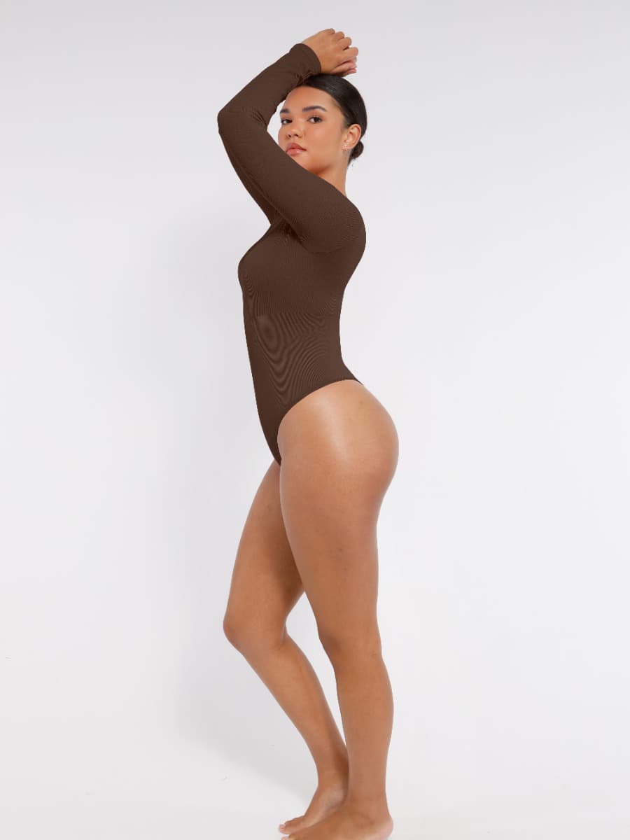 Long-Sleeve V-Neck Tummy Control Seamless Bodysuit - FirmaSculpt