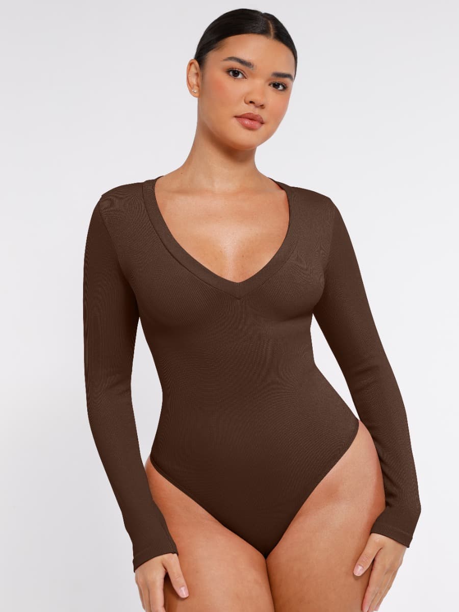 Long-Sleeve V-Neck Tummy Control Seamless Bodysuit - FirmaSculpt