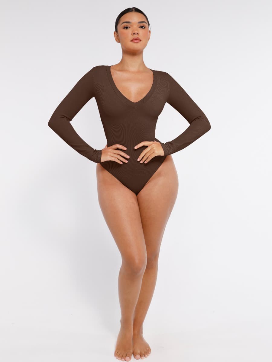 Long-Sleeve V-Neck Tummy Control Seamless Bodysuit - FirmaSculpt