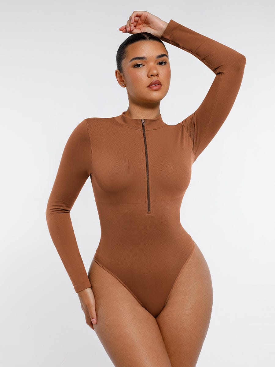 Seamless Long Sleeve Zipper Thong Bodysuit - FirmaFlex