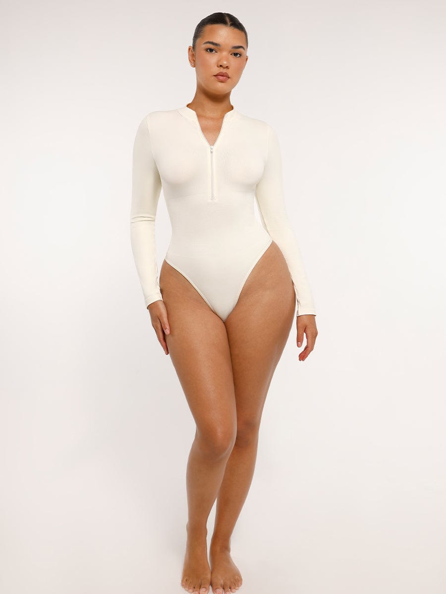Seamless Long Sleeve Zipper Thong Bodysuit - FirmaFlex