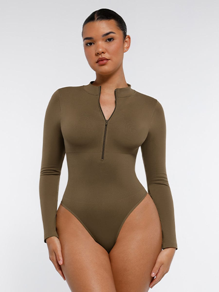 Seamless Long Sleeve Zipper Thong Bodysuit - FirmaFlex
