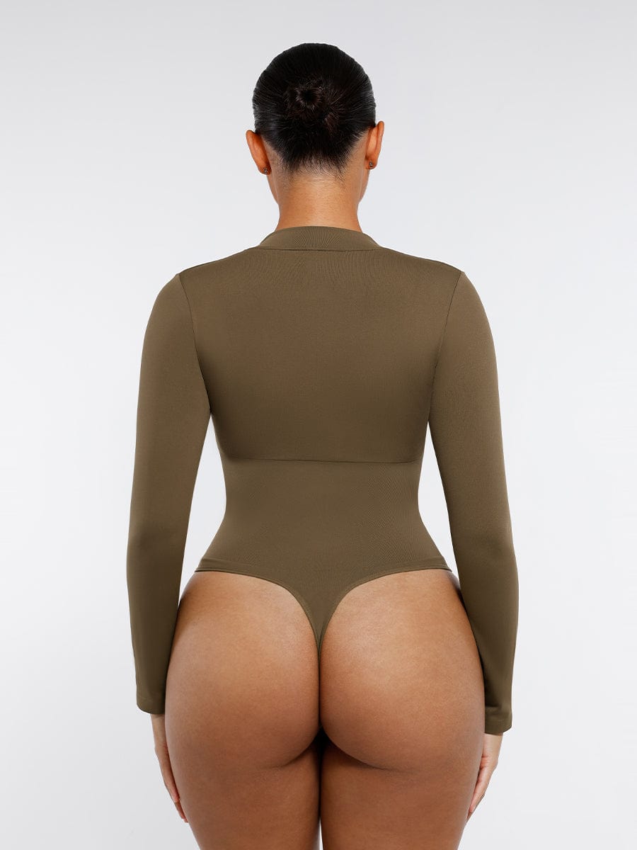 Seamless Long Sleeve Zipper Thong Bodysuit - FirmaFlex