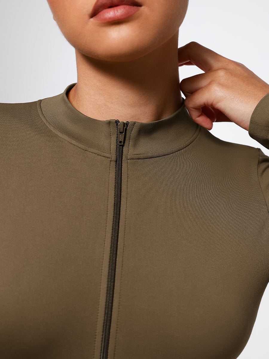 Seamless Long Sleeve Zipper Thong Bodysuit - FirmaFlex