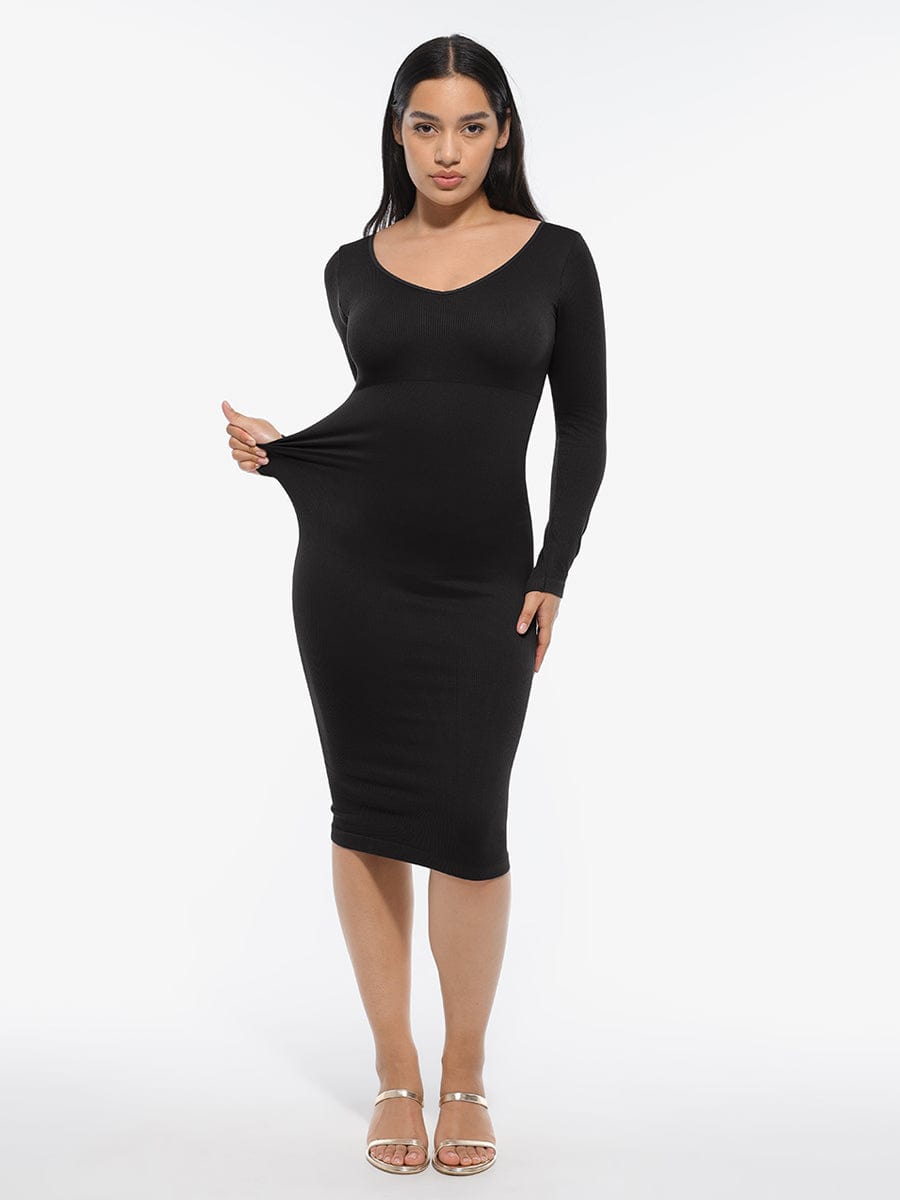 Eco-friendly Seamless V Neck Long Sleeve Waist Trimming Shaper Dress - FirmaSculpt