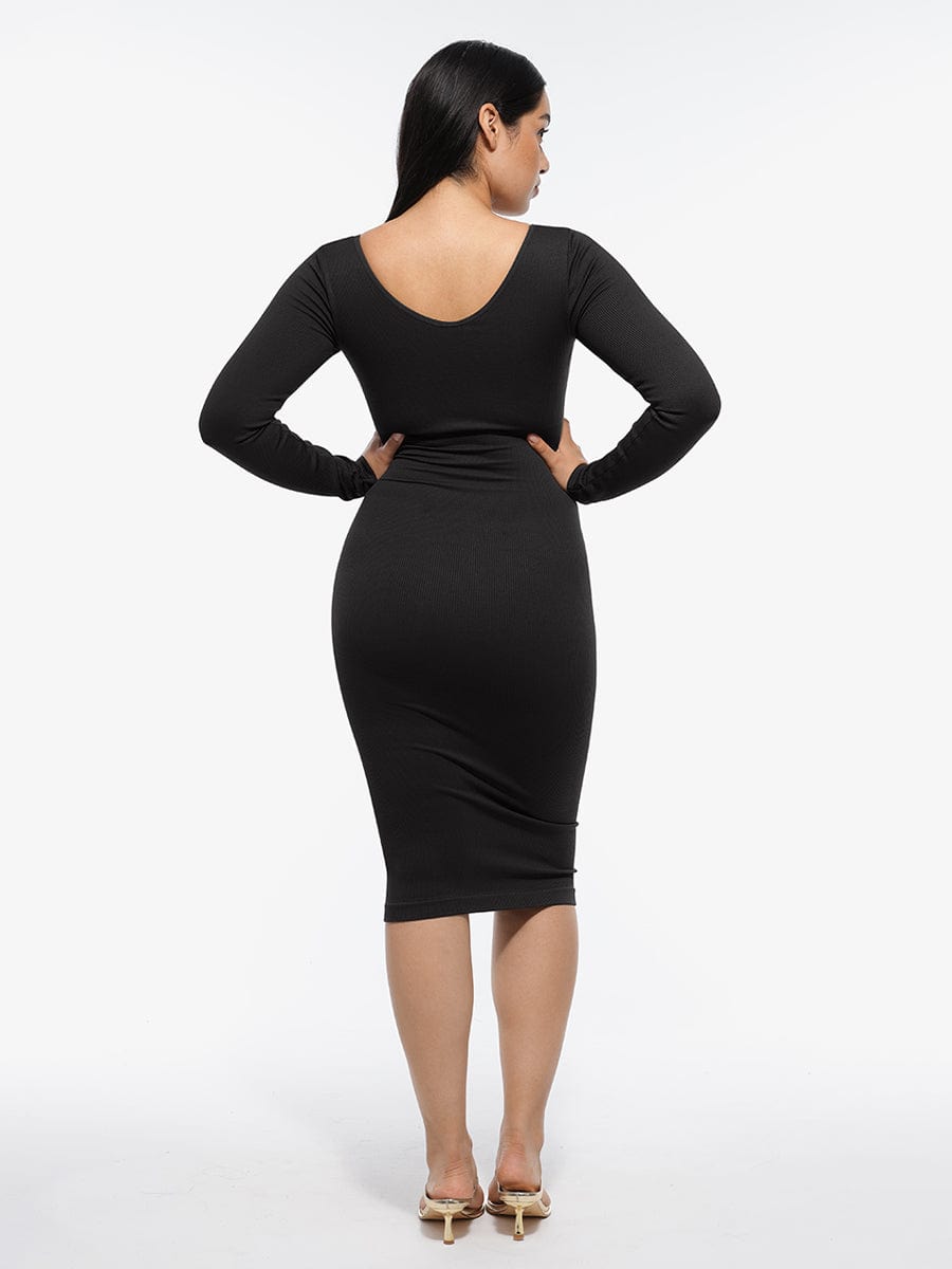 Eco-friendly Seamless V Neck Long Sleeve Waist Trimming Shaper Dress - FirmaSculpt