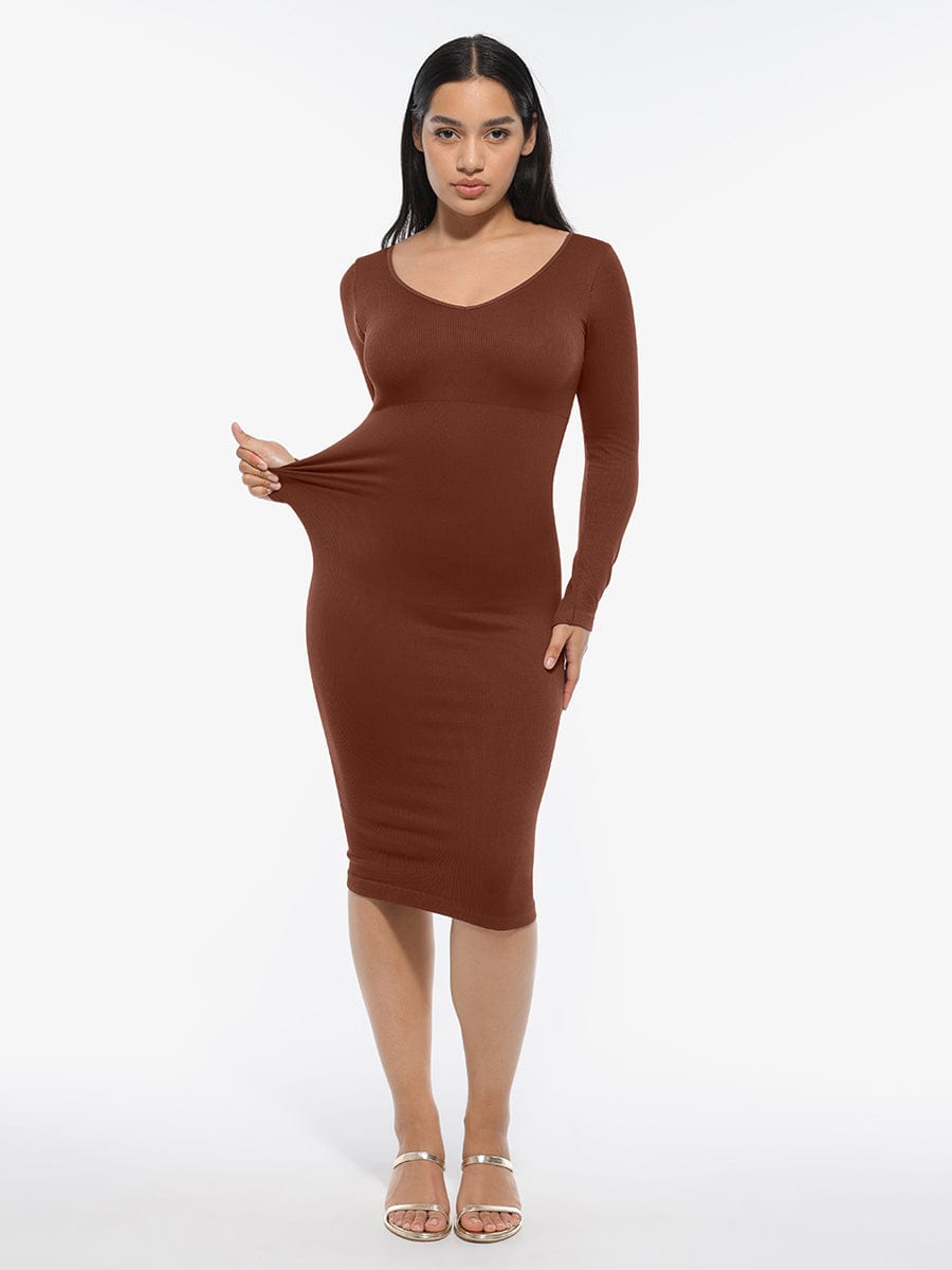 Eco-friendly Seamless V Neck Long Sleeve Waist Trimming Shaper Dress - FirmaSculpt