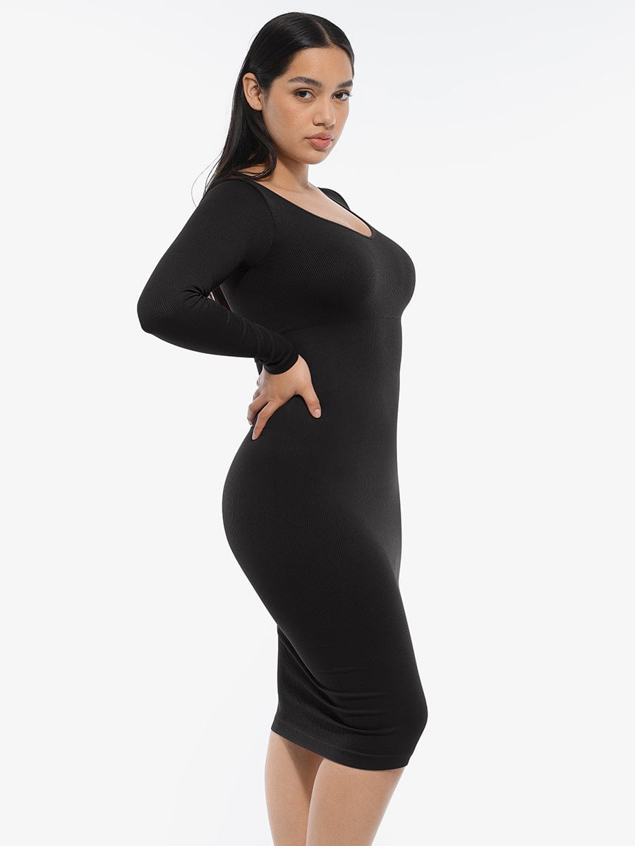 Eco-friendly Seamless V Neck Long Sleeve Waist Trimming Shaper Dress - FirmaSculpt