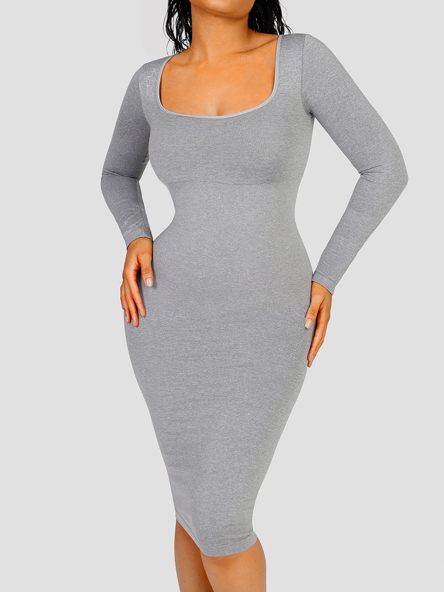 Eco-friendly Seamless Square Neck Long Sleeve Shaper Dress - FirmaSculpt