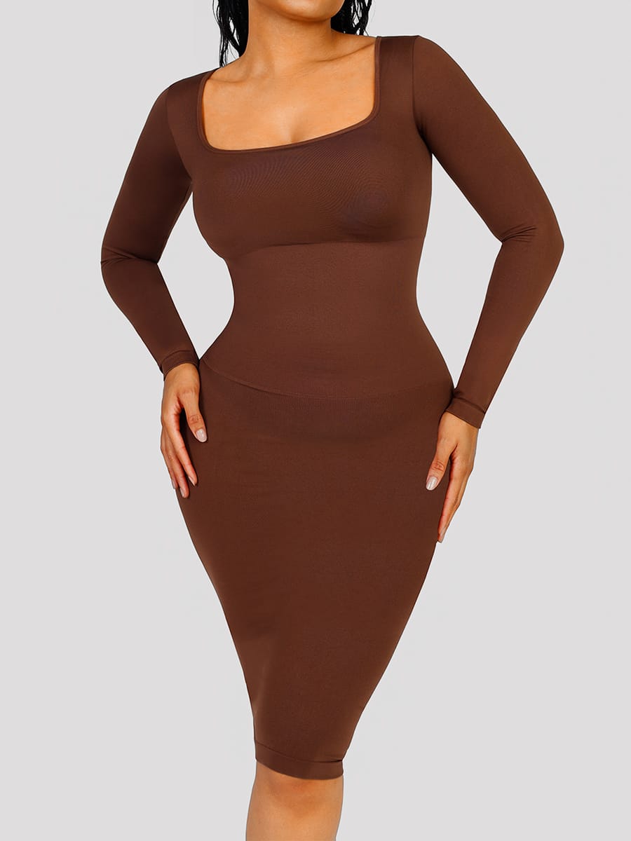Eco-friendly Seamless Square Neck Long Sleeve Shaper Dress - FirmaSculpt