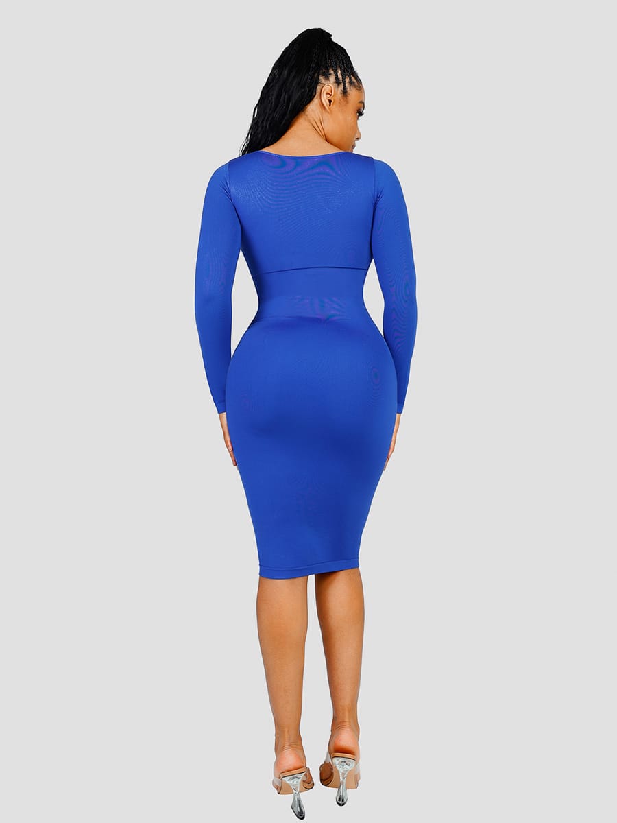 Eco-friendly Seamless Square Neck Long Sleeve Shaper Dress - FirmaSculpt