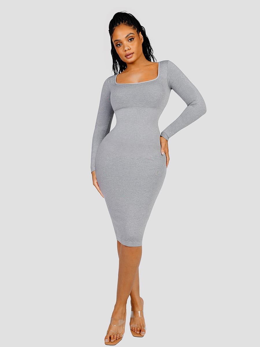 Eco-friendly Seamless Square Neck Long Sleeve Shaper Dress - FirmaSculpt