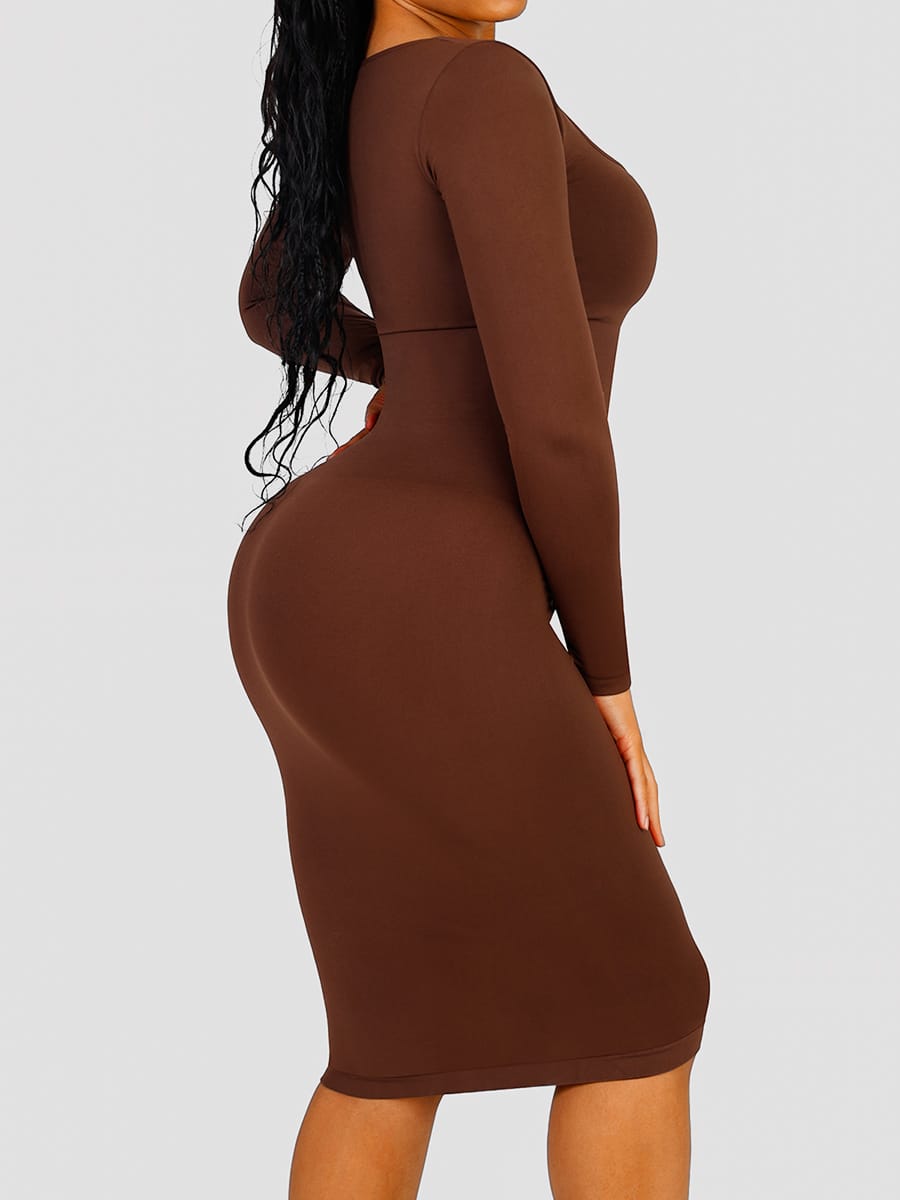 Eco-friendly Seamless Square Neck Long Sleeve Shaper Dress - FirmaSculpt