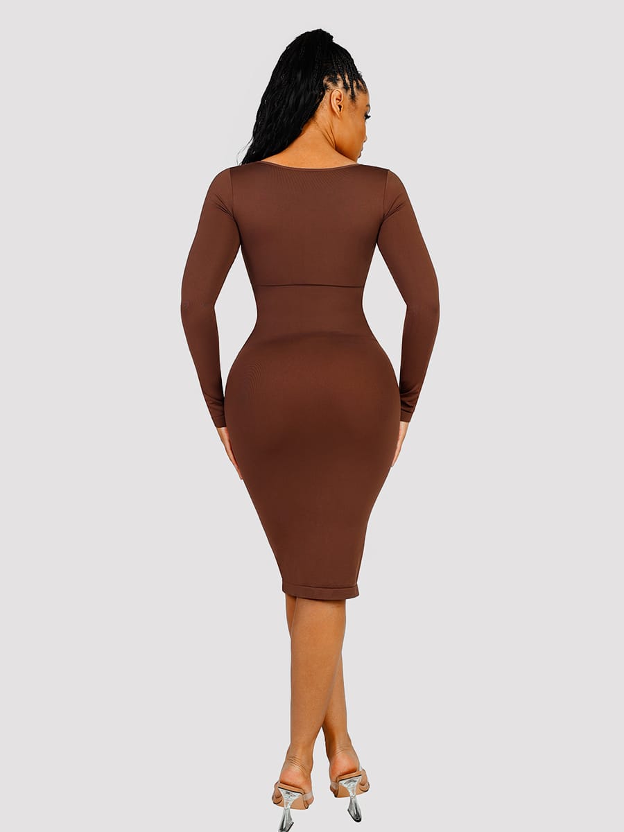 Eco-friendly Seamless Square Neck Long Sleeve Shaper Dress - FirmaSculpt