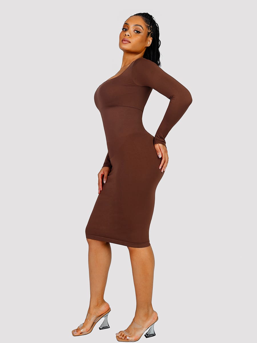 Eco-friendly Seamless Square Neck Long Sleeve Shaper Dress - FirmaSculpt