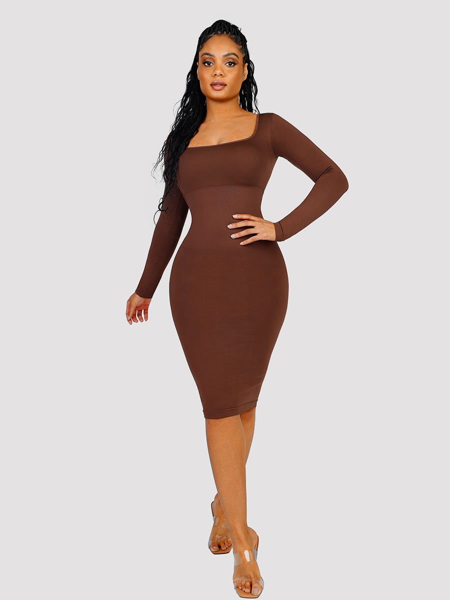 Eco-friendly Seamless Square Neck Long Sleeve Shaper Dress - FirmaSculpt