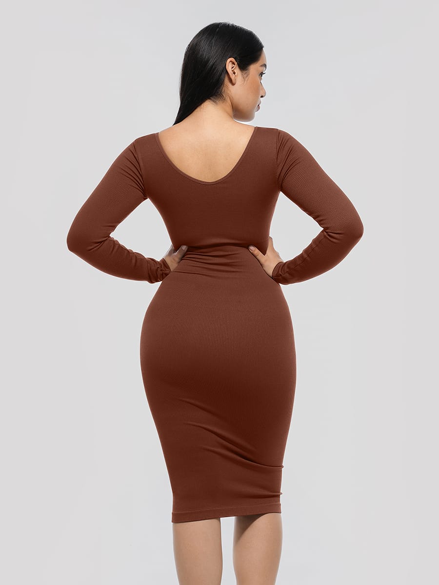 Eco-friendly Seamless V Neck Long Sleeve Waist Trimming Shaper Dress - FirmaSculpt