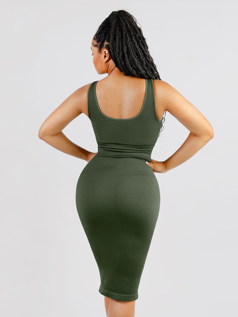 Eco-friendly Seamless Deep V-neck Waist Trimming Shaping Dress with Removable Pads - FirmaSculpt