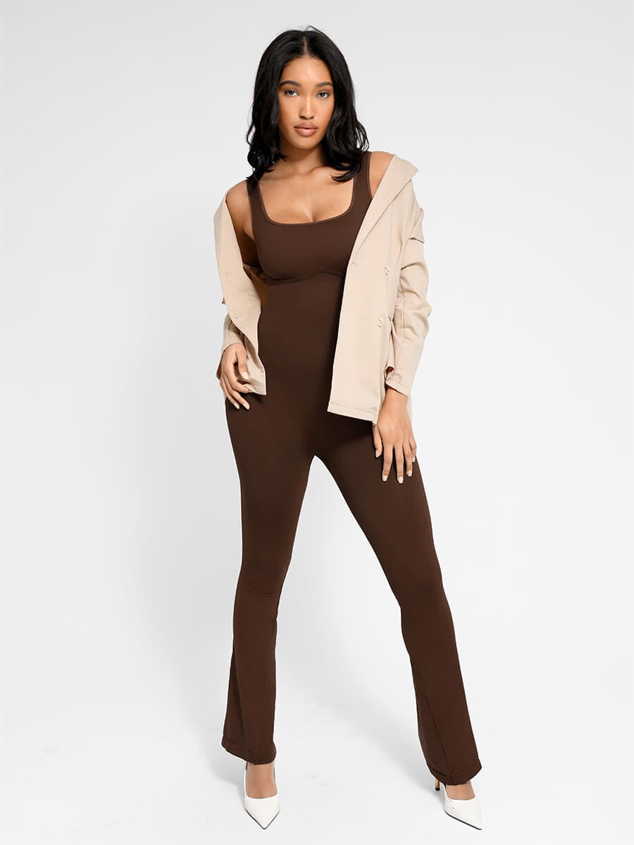 Square-Neck U-Back Flared-Leg Shaping Jumpsuit - FirmaSculpt
