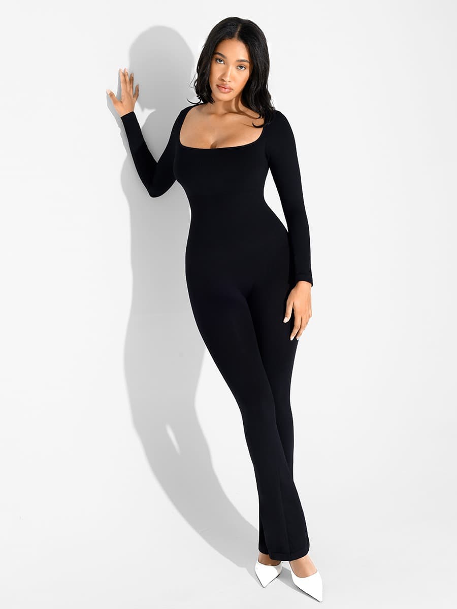 Square-Neck Flared-Leg Shaping Jumpsuit - FirmaSculpt