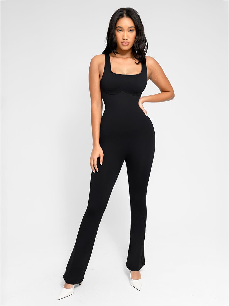 Square-Neck U-Back Flared-Leg Shaping Jumpsuit - FirmaSculpt