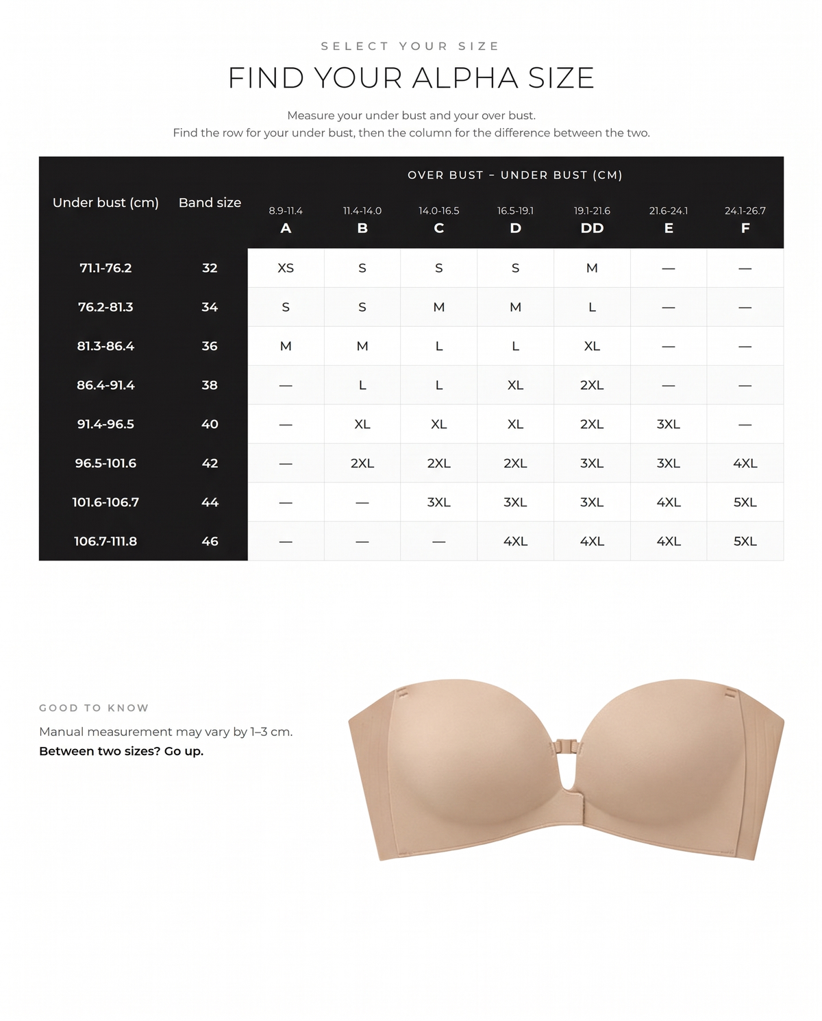 No-Slip Front Closure Strapless Push-Up Bra - FirmStay size guide