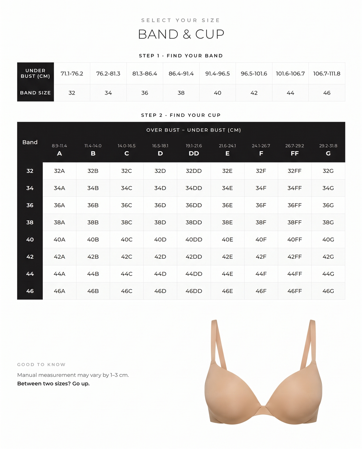 Teardrop Push-Up Underwire T-Shirt Bra - FirmaLift size guide