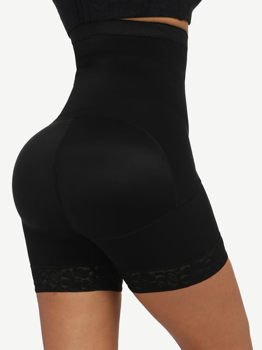 Queen Size High Waist Slimming Shorts with Lace Hem and Row Buckle - FirmaHold