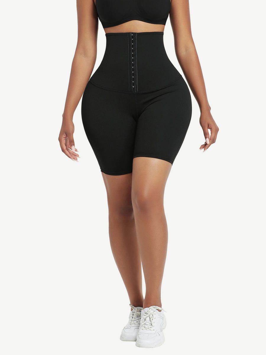 High Rise Neoprene Waist Trainer Shorts with 3 Row Hooks - FirmaControl