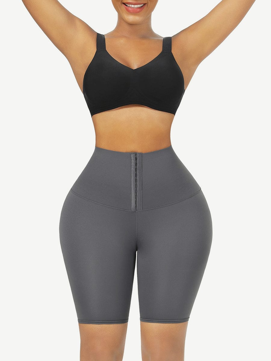 Black Mid Waist 2-In-1 Waist Trainer Shorts with 3 Row Buckle - FirmaHold