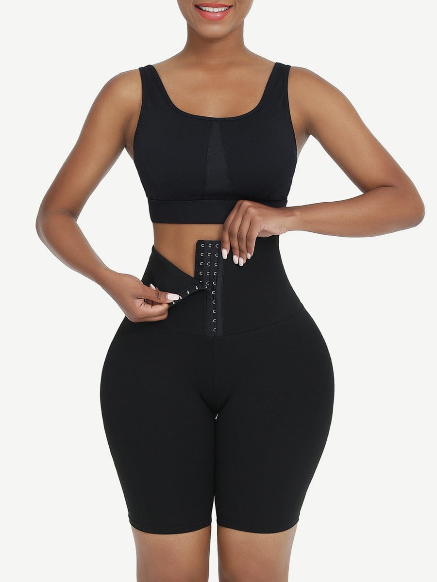 Black Mid Waist 2-In-1 Waist Trainer Shorts with 3 Row Buckle - FirmaHold