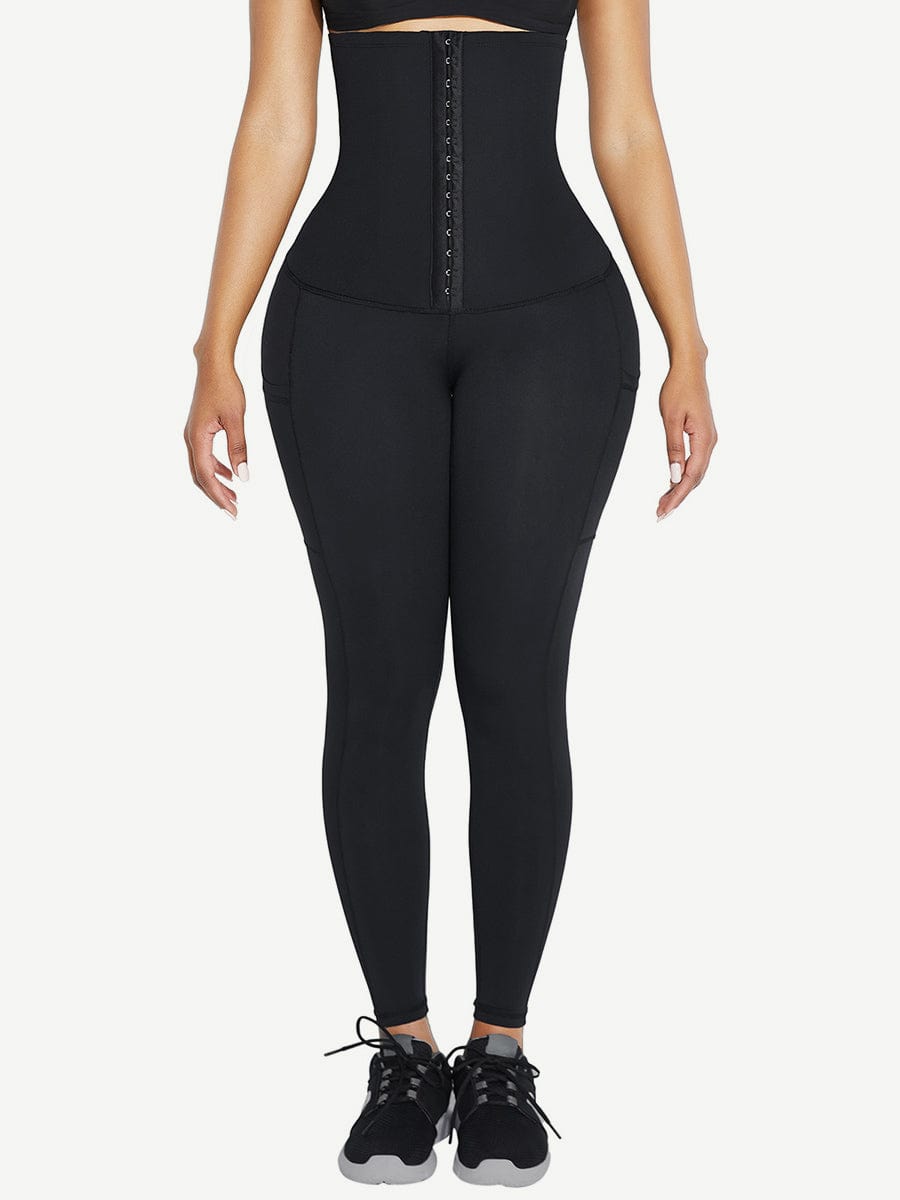 Black High Waist Waist Trainer Leggings with 3 Hook Contour Panel & Pockets - FirmaActive