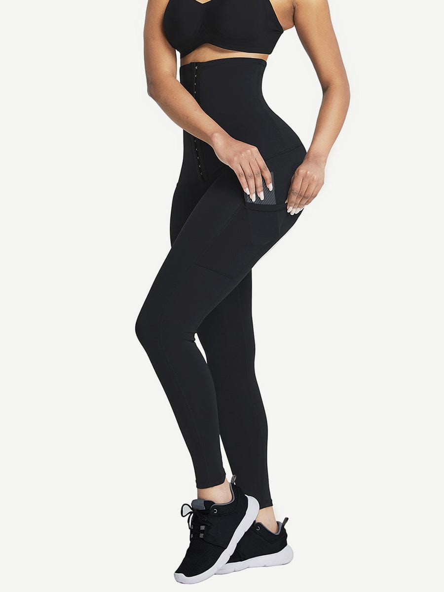Black High Waist Waist Trainer Leggings with 3 Hook Contour Panel & Pockets - FirmaActive