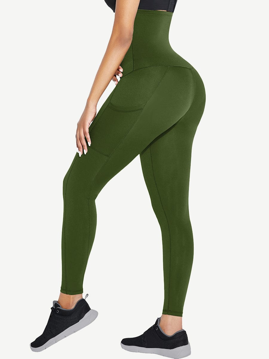 Black High Waist Waist Trainer Leggings with 3 Hook Contour Panel & Pockets - FirmaActive