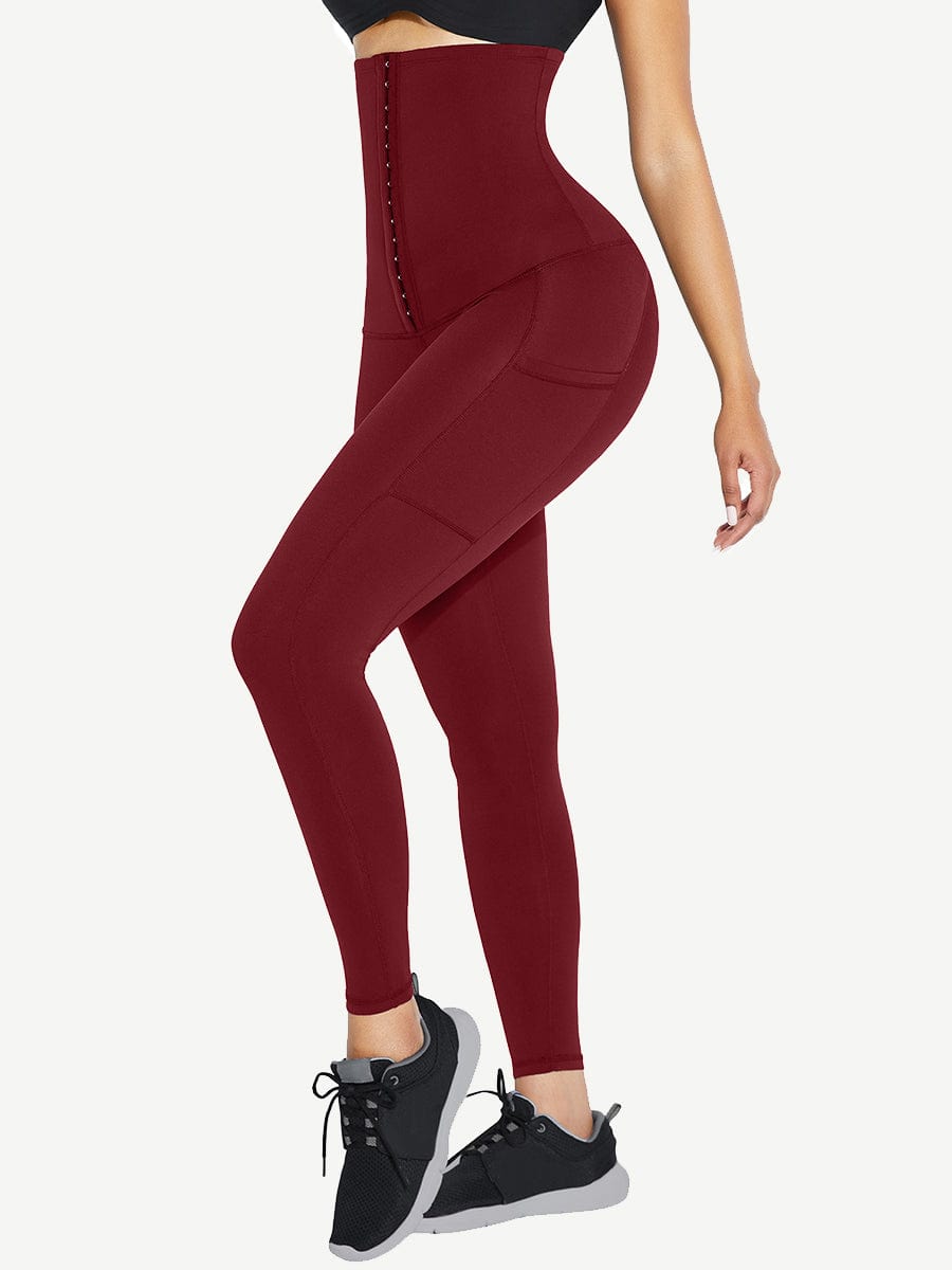 Black High Waist Waist Trainer Leggings with 3 Hook Contour Panel & Pockets - FirmaActive