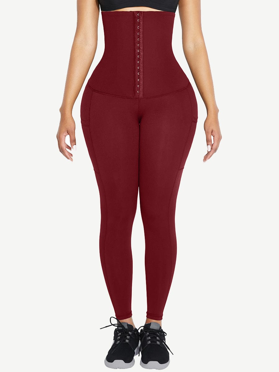 Black High Waist Waist Trainer Leggings with 3 Hook Contour Panel & Pockets - FirmaActive