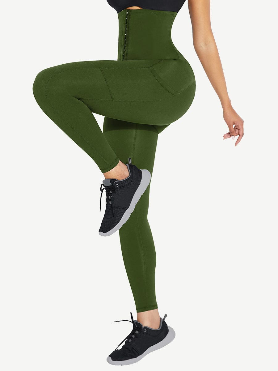 Black High Waist Waist Trainer Leggings with 3 Hook Contour Panel & Pockets - FirmaActive