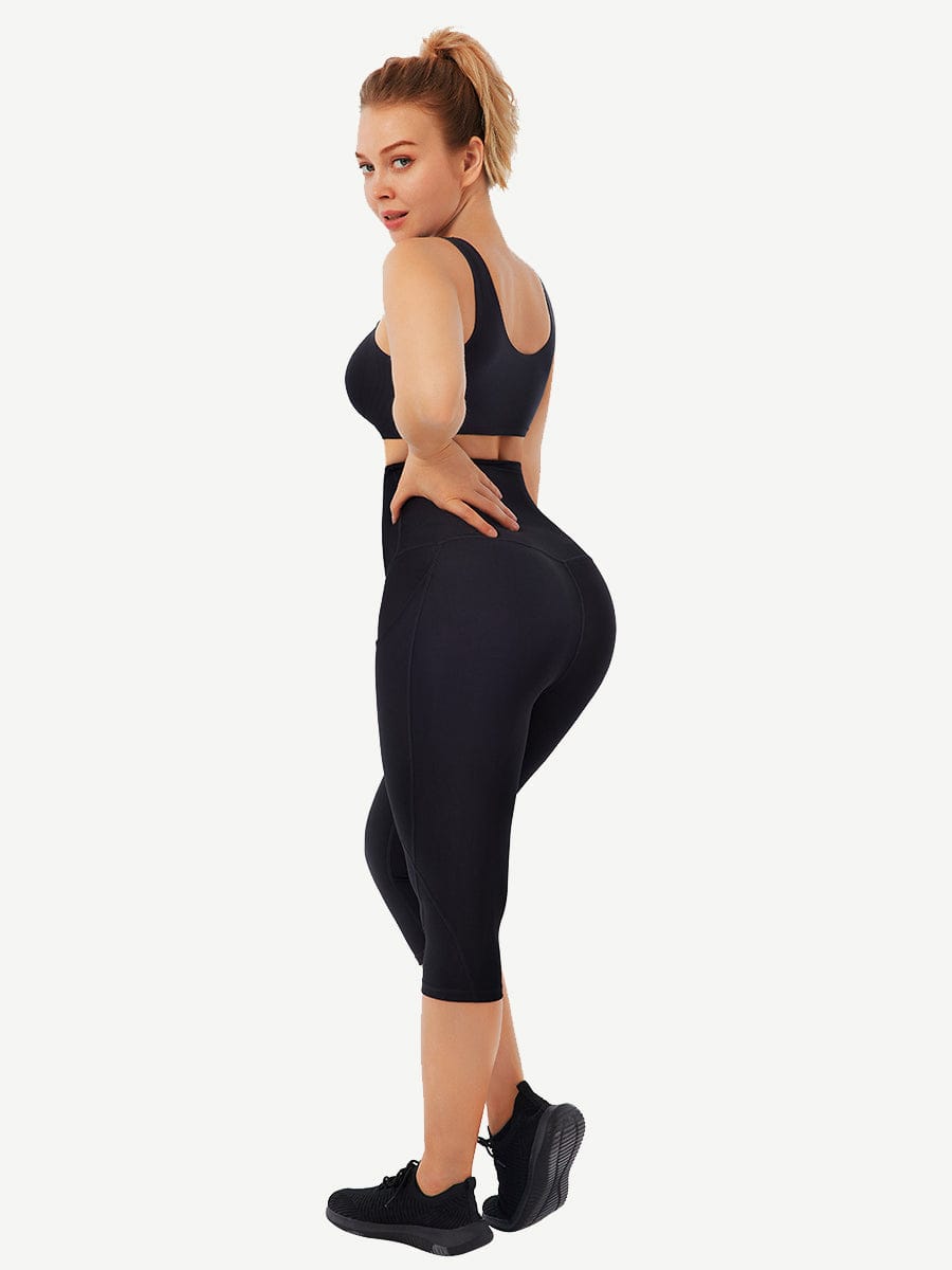 Mid-Rise Cropped Tummy Control Trousers with Pockets - FirmaControl