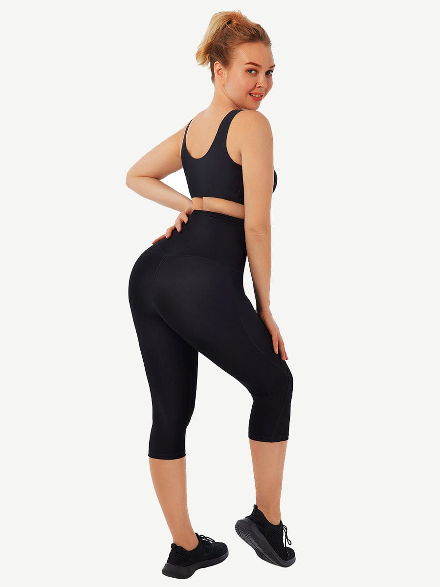 Mid-Rise Cropped Tummy Control Trousers with Pockets - FirmaControl