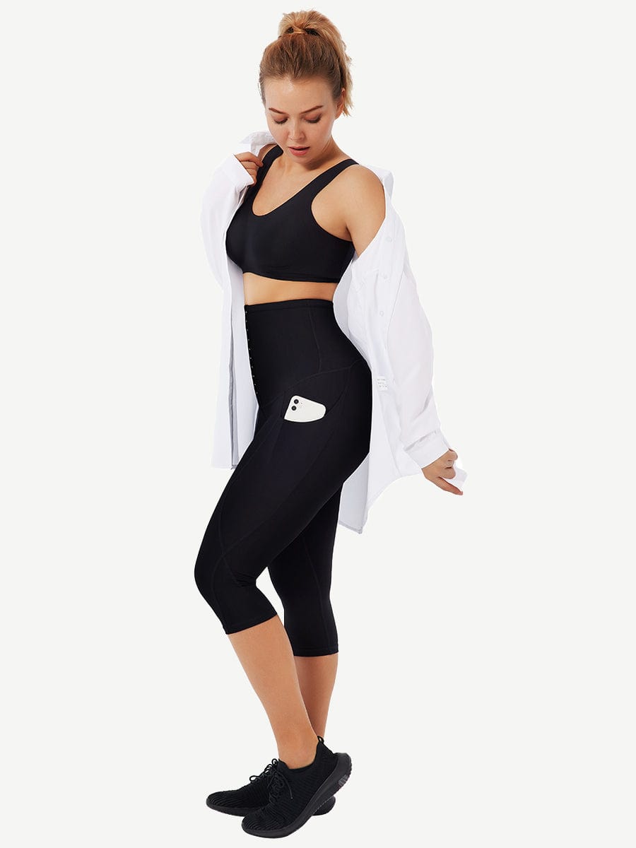 Mid-Rise Cropped Tummy Control Trousers with Pockets - FirmaControl