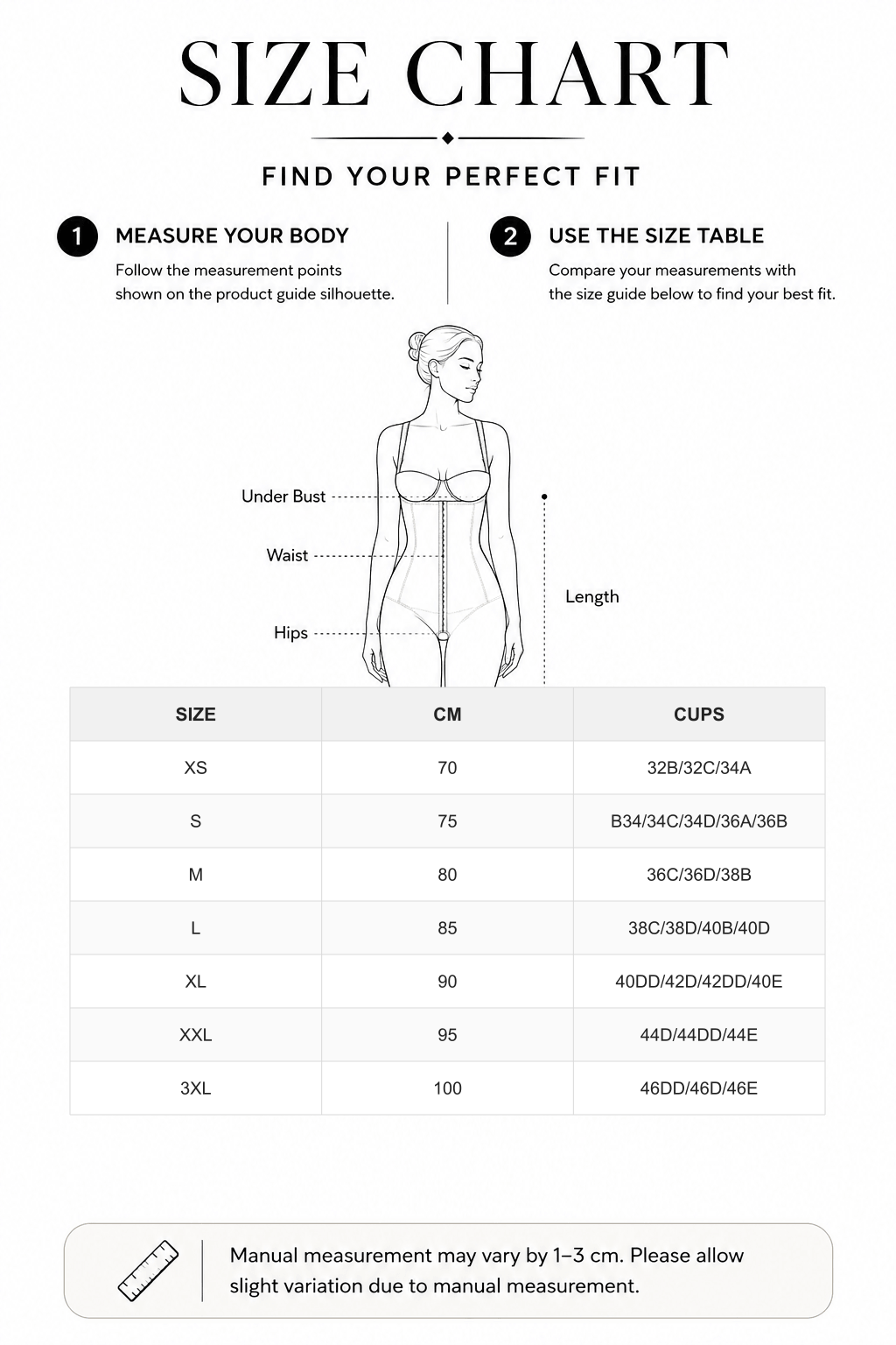 Back U Design Comfy Compression Shapewear Bodysuit with 5 Steel Bones - FirmaHold size chart