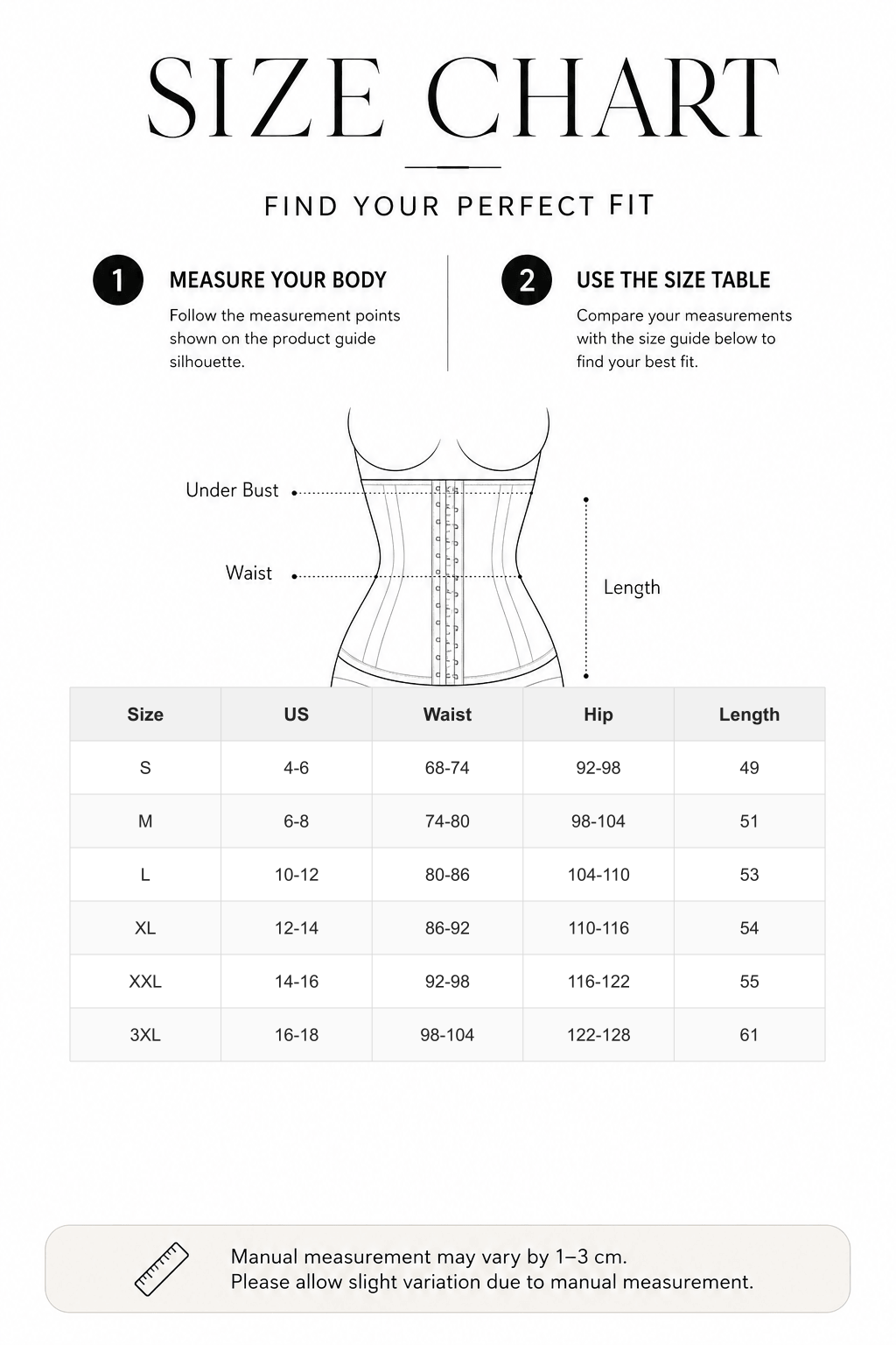 Black Mid Waist 2-In-1 Waist Trainer Shorts with 3 Row Buckle - FirmaHold size chart