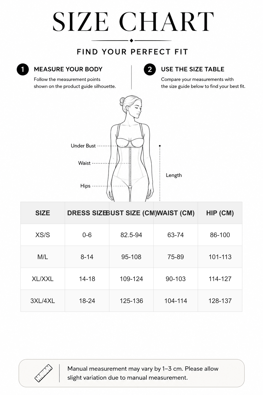 Black Plus Size Full Body Shaper with Open Crotch Tummy Control - FirmaSmooth size chart