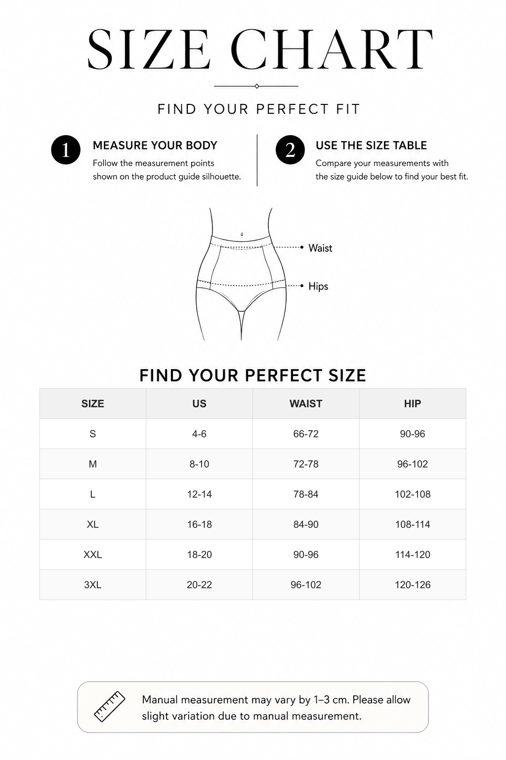 Tummy Control Panties with Abdominal Crossover Design - FirmaActive size chart