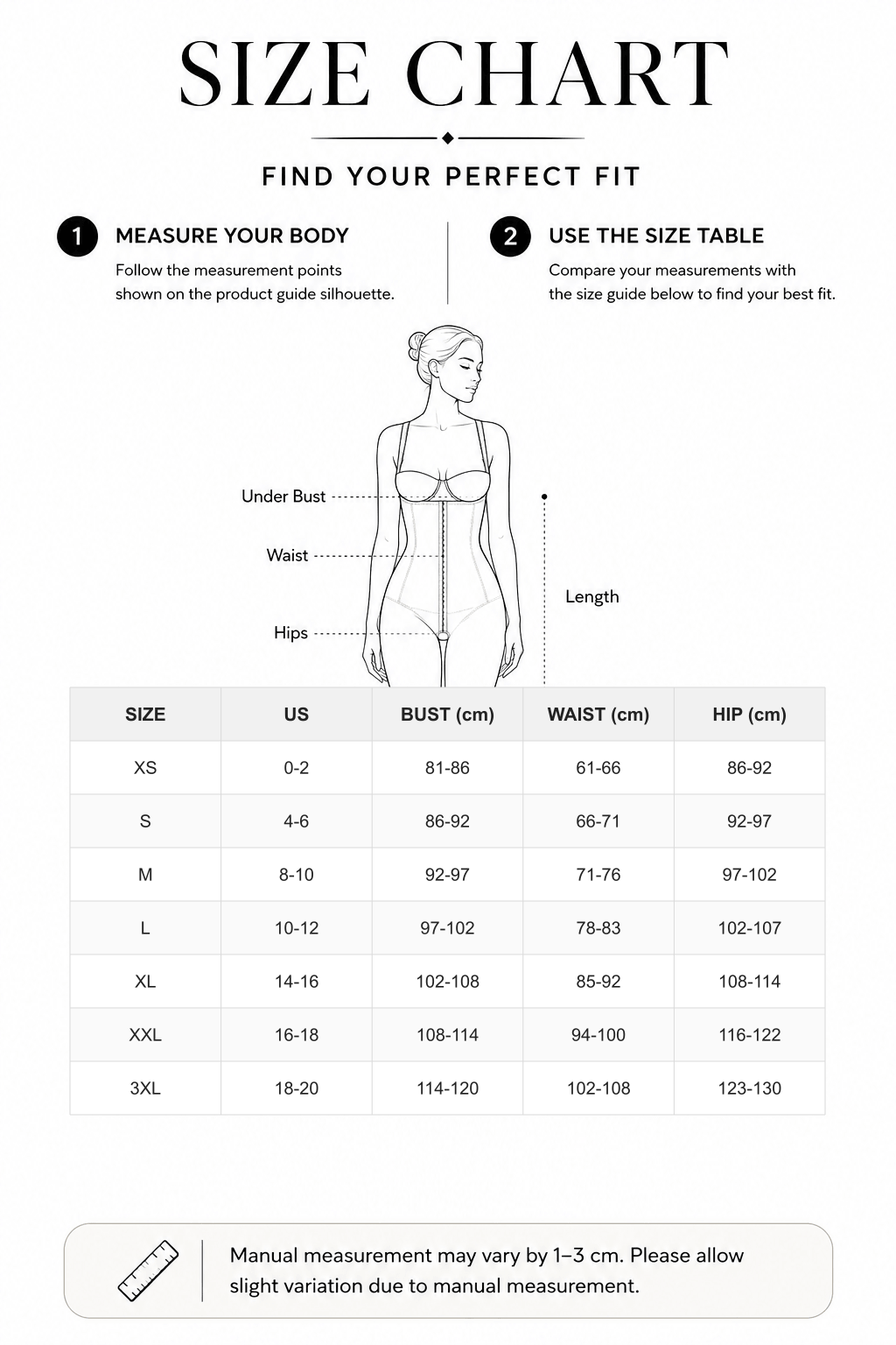 Body Shaper with Removable Shoulder Straps and Clips for Post-Operative Wear - FirmaActive size chart