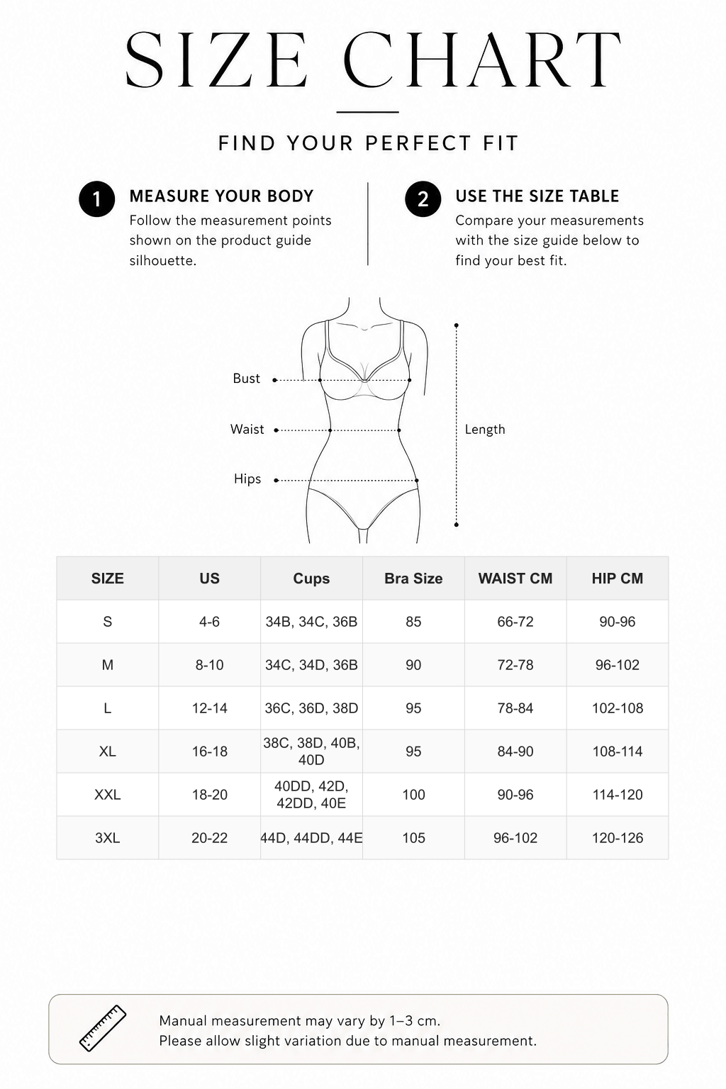 Breathable Underwire Tummy Control Shapewear Bodysuit - FirmaHold size chart