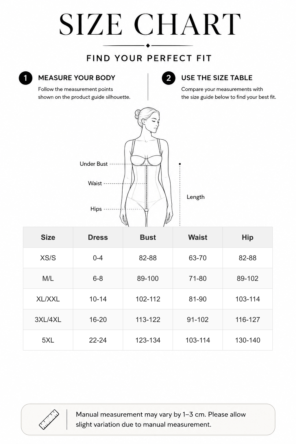 Eco-Friendly Seamless Shaping Bodysuit with Tummy Control - FirmaSmooth size chart