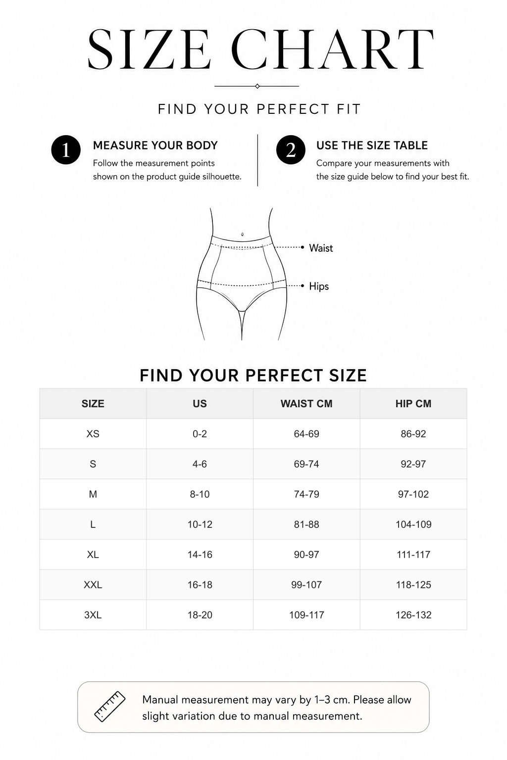 High-Waist Tummy Control Panties with Antibacterial Fabric - FirmaHold size chart