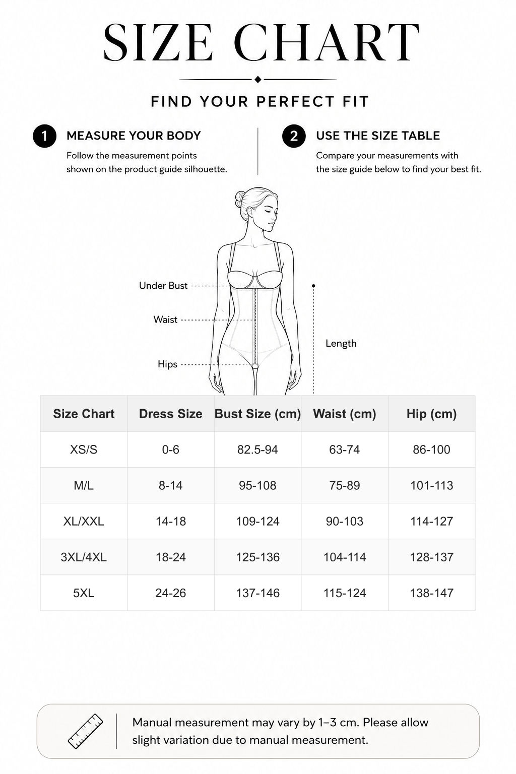 High Waist Full Body Shaper Mesh High-Compression - FirmaSculpt size chart