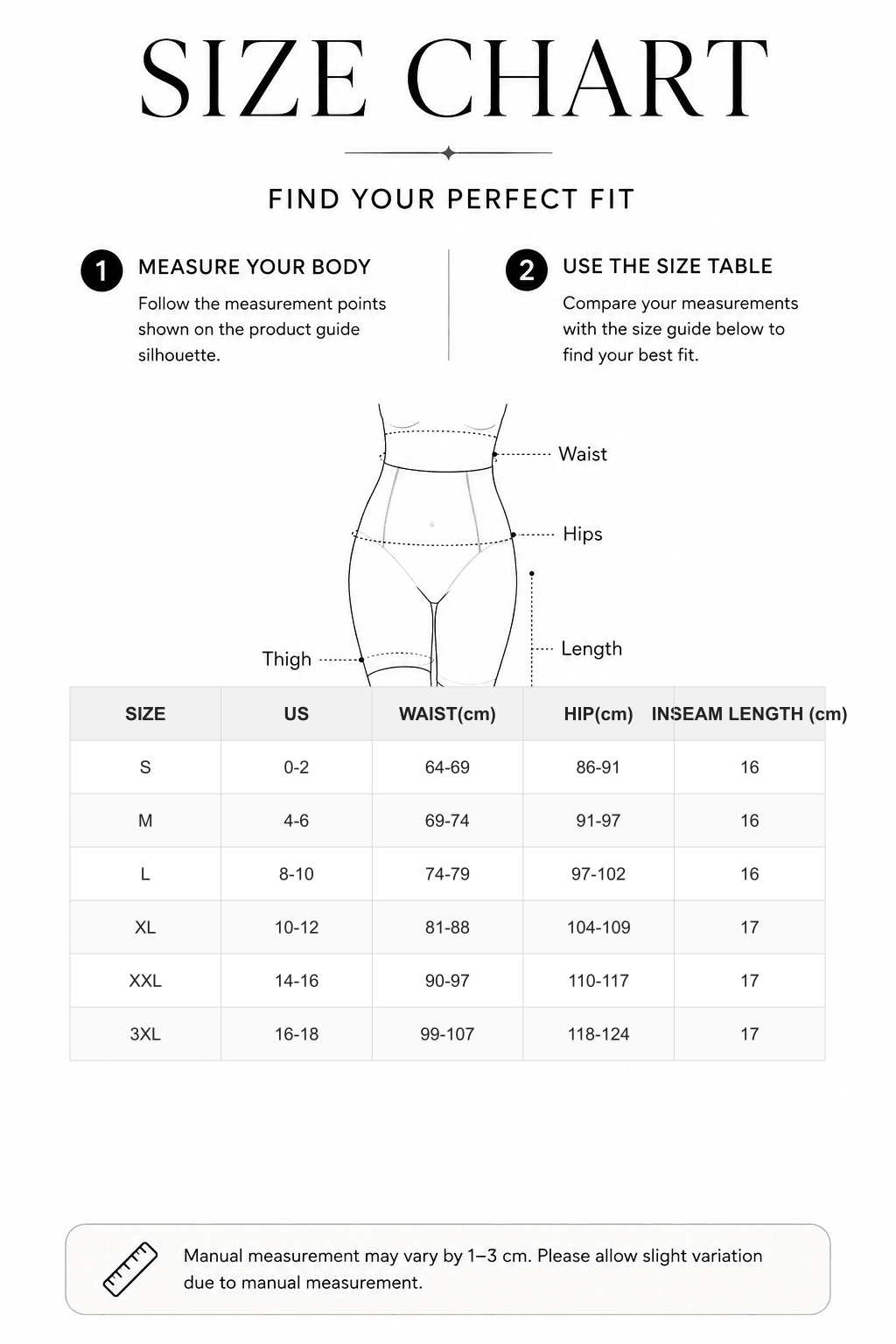 High-Waisted Butt Lift & Slimming Mid-Thigh Shaper Shorts - FirmaLift size chart